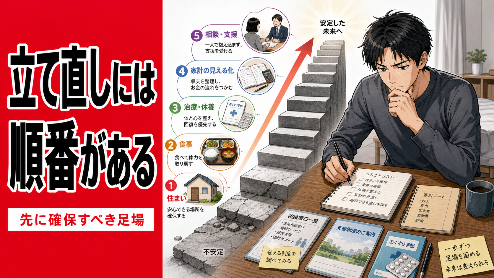 『立て直しには順番がある』『先に確保すべき足場』という大きな文字と、机で再建の手順を書き出す男性、住まい・食事・治療休養・家計の見える化・相談支援の5段階、安定した未来へ続く階段を描いた、生活再建の順番を表現するポップアニメ風サムネイル