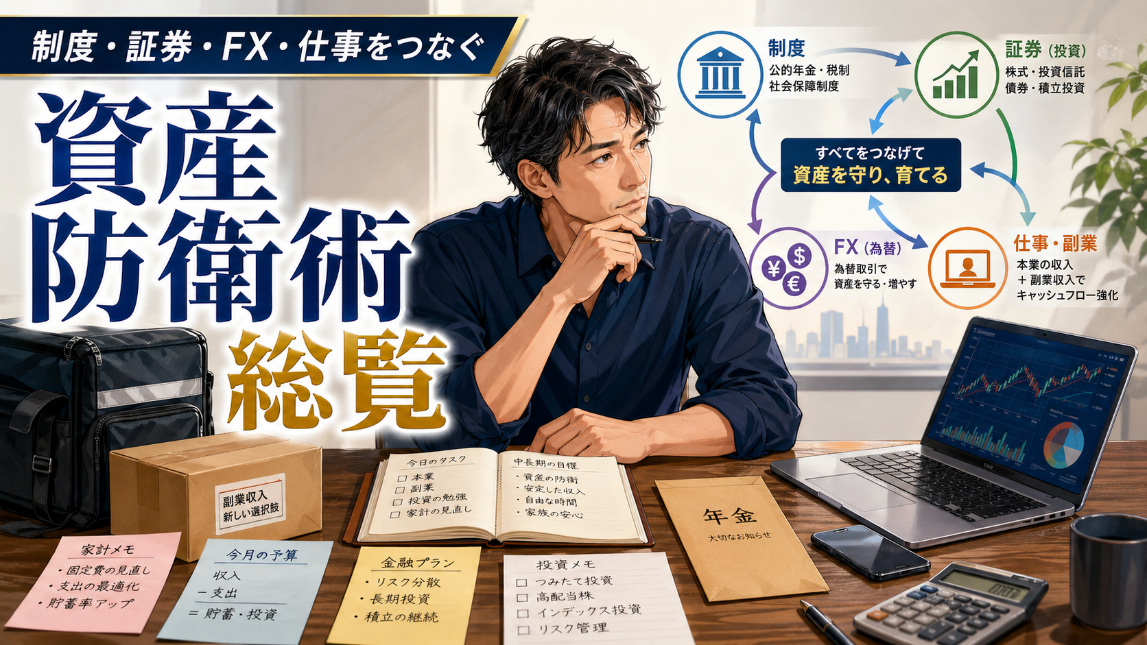 制度や投資、副業をどう組み合わせて資産防衛を進めるか考える40代男性のイメージ