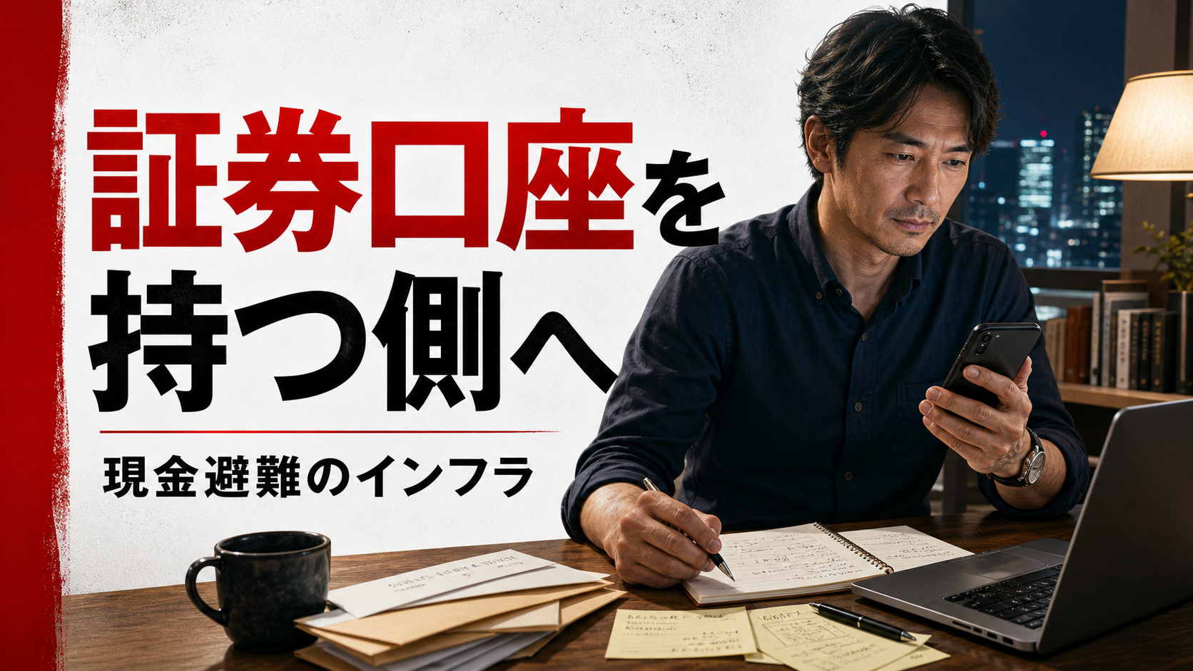 スマホとノートを見ながら、証券口座の開設を考える40代男性のイメージ