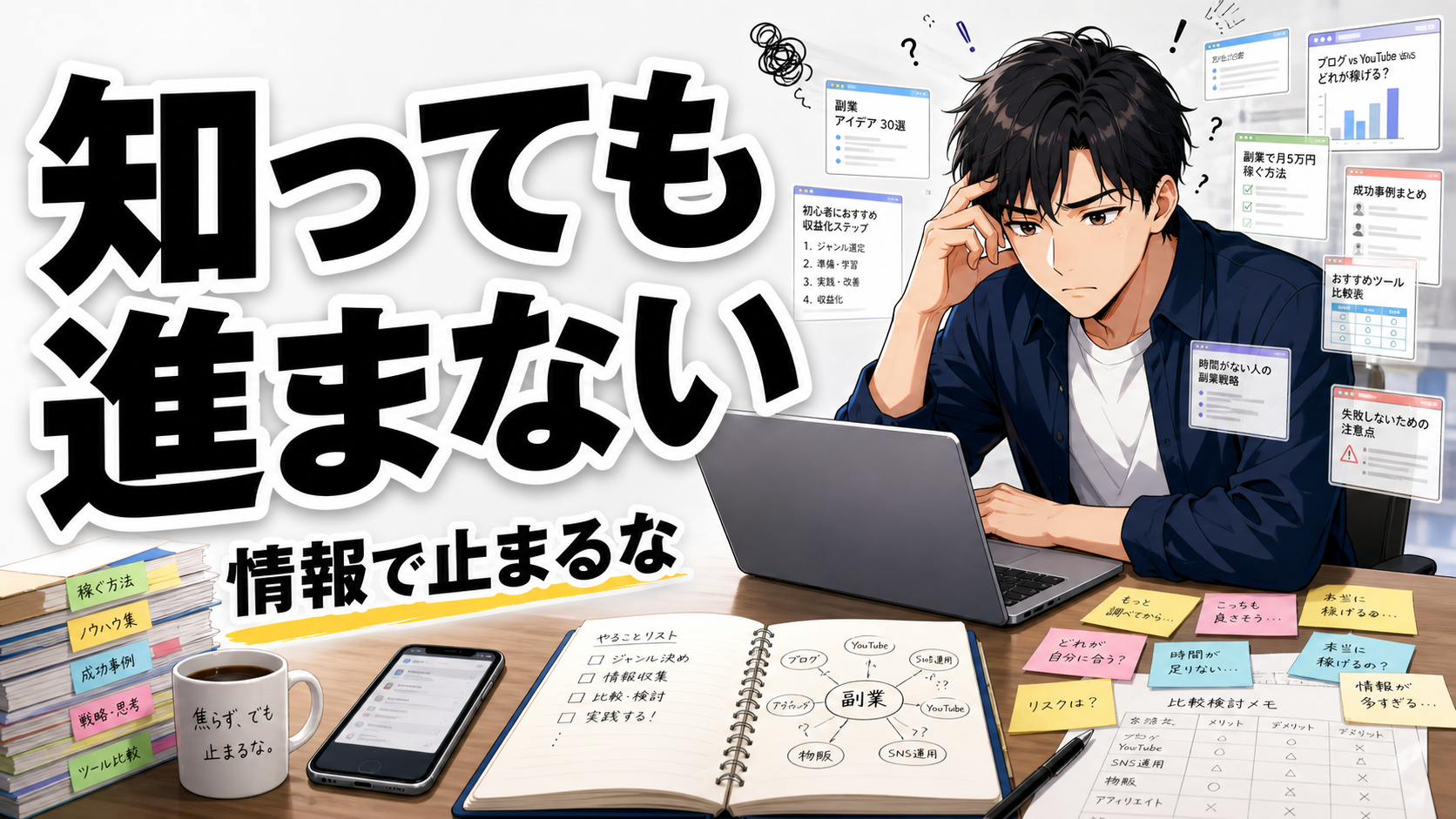 副業で情報を集めすぎて動けなくなる危険を、机で悩む男性と大量のメモで表現したサムネイル