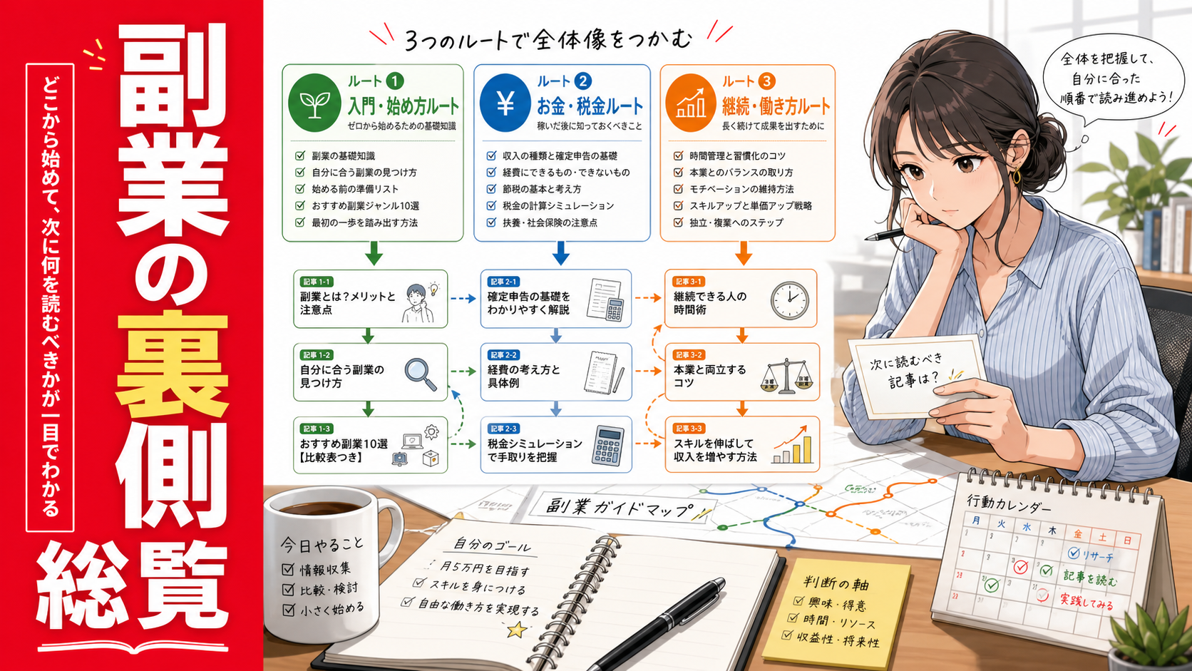 副業の始め方、税金、お金、継続の悩みを整理した総覧記事のイメージとして、記事カードを見ながら読む順番を考える女性を描いたサムネイル