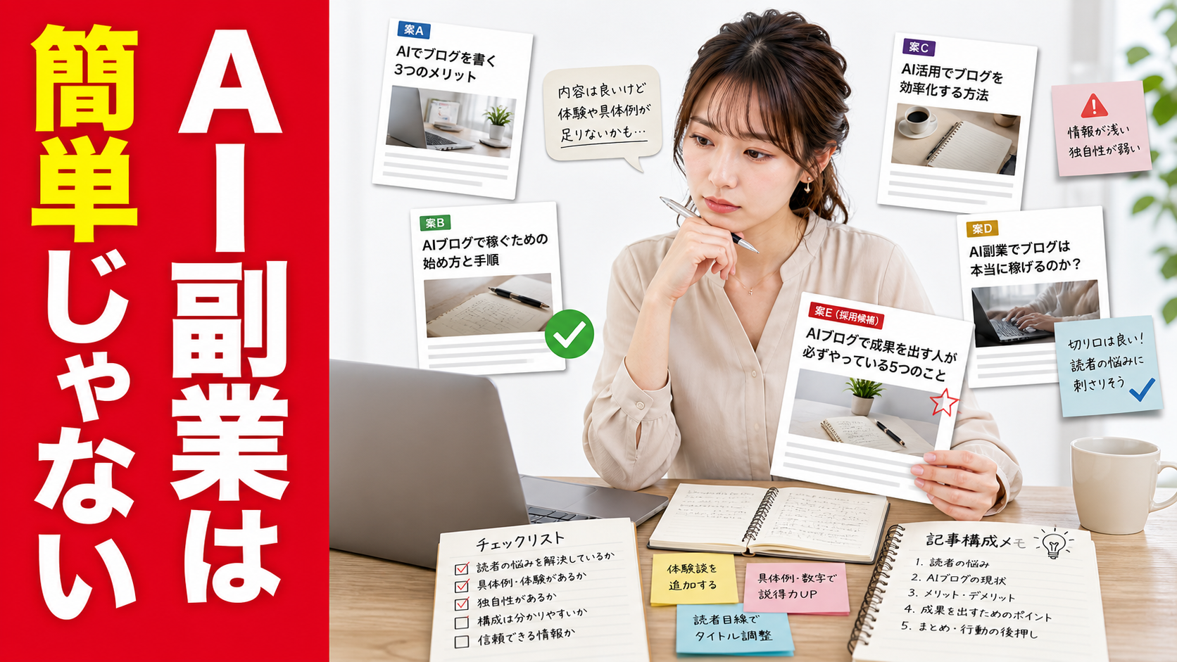 AIでブログ副業を進める難しさを考えながら、ノートPCと記事メモを前に内容を見極めている日本人女性のイメージ