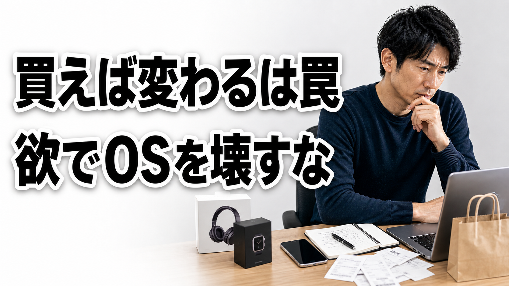 副業で稼ぐ前に物欲を管理する大切さを、買い物前に迷う男性で表現したサムネイル