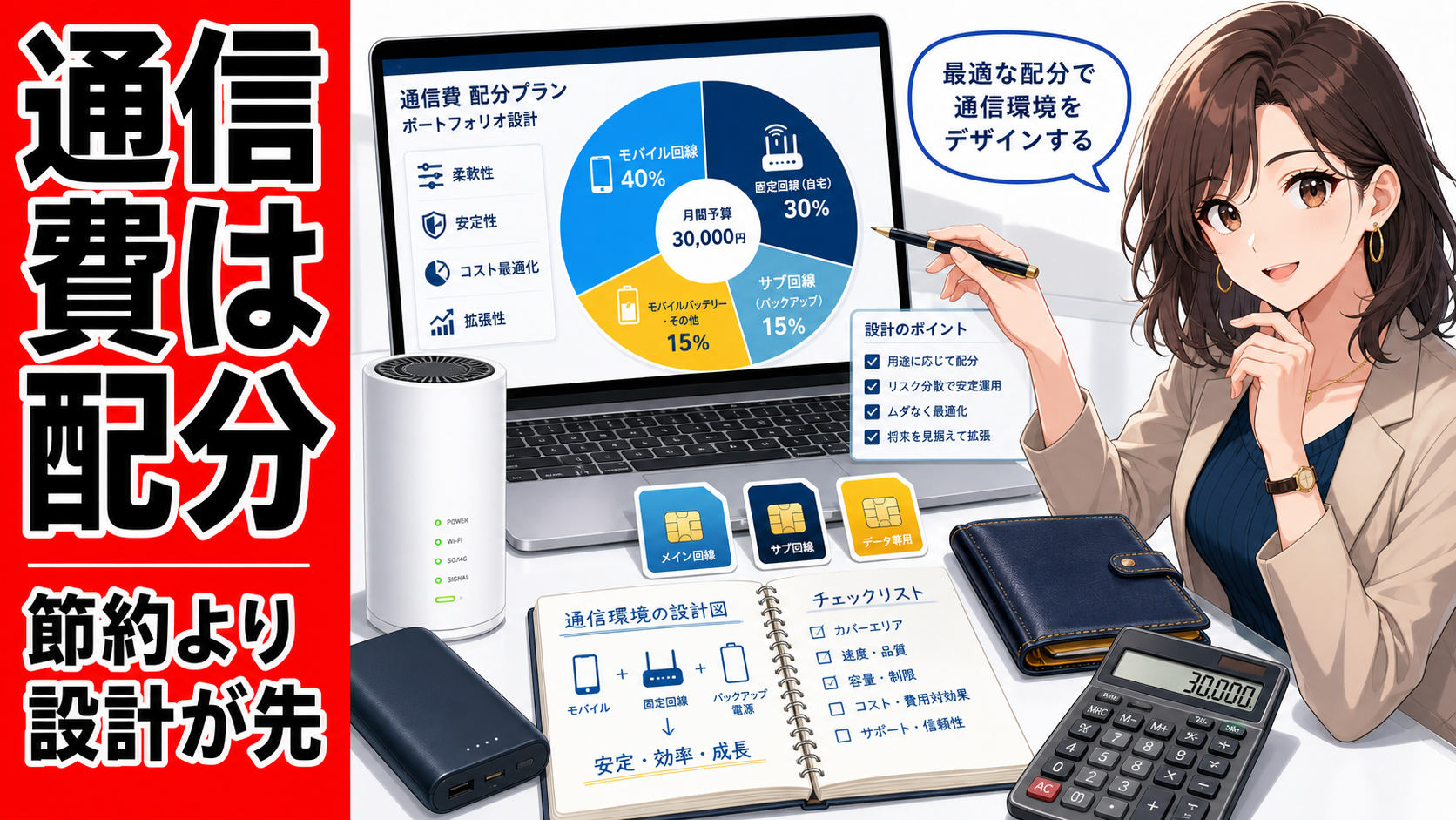 主回線、予備回線、固定回線、端末、電源などに通信費をどう配分するかを表現した、円グラフ風デザイン入りのポップアニメサムネイル