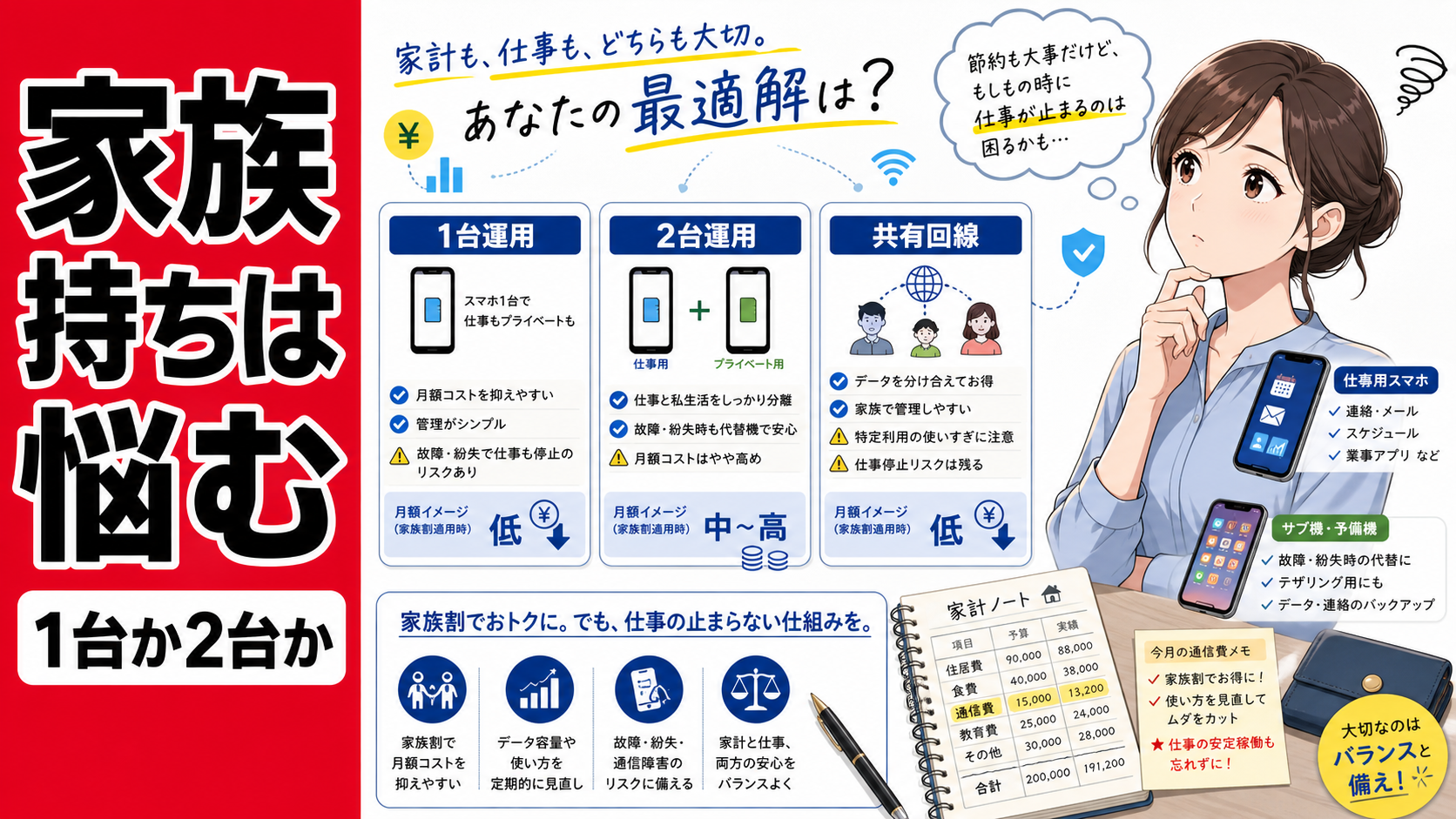 家族割や共有回線と、仕事用スマホの分離・兼用を比較しながら、家族持ち副業民の現実的な通信設計を表現したポップアニメ風サムネイル