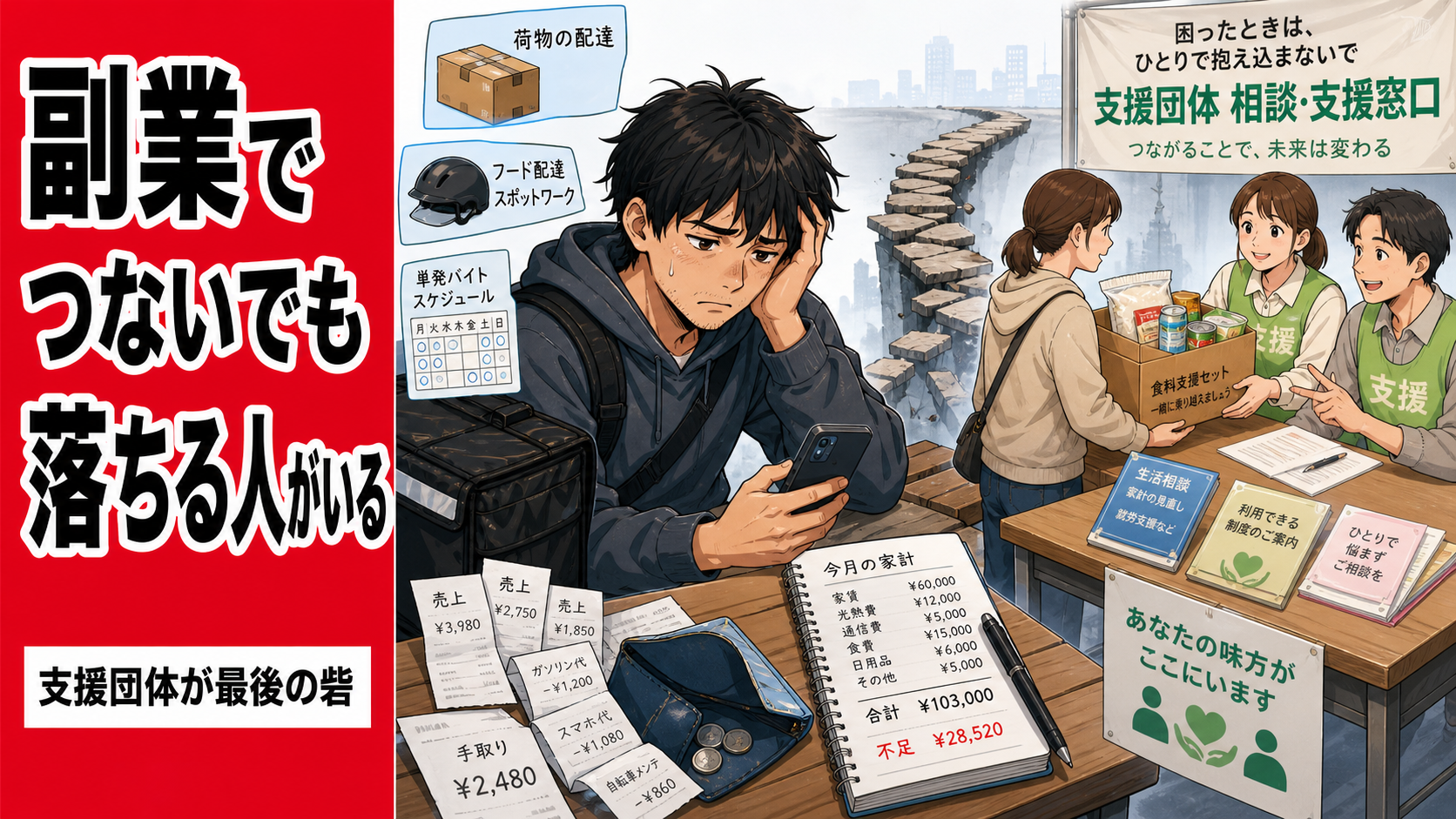 『副業でつないでも落ちる人がいる』『支援団体が最後の砦』という大きな文字と、配達バッグや売上メモ、家計ノートを前に疲れた表情でスマホを見る男性、食料支援や相談対応を行う支援団体の窓口を描いた、生活防衛の限界と最後の支えを表現するポップアニメ風サムネイル