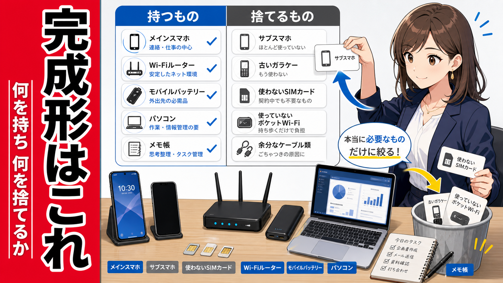 副業の通信インフラで持つべきものと捨てるべきものを整理した、スマホや回線機器入りのポップアニメ風サムネイル