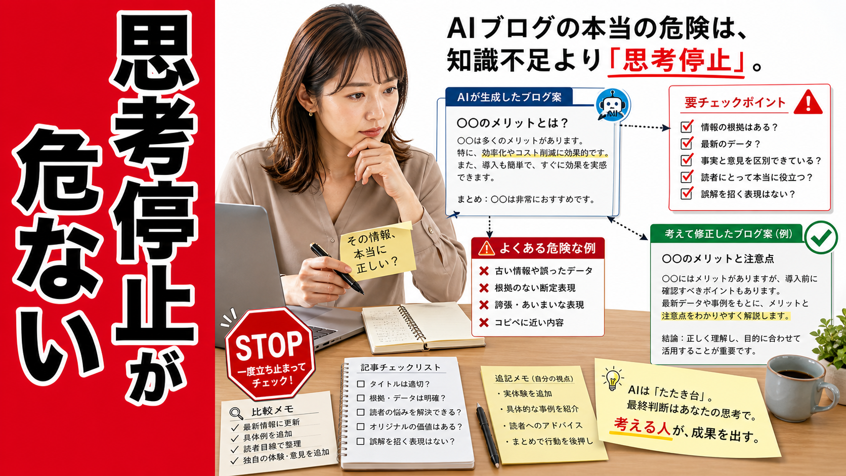 AIが生成したブログ案を前に、日本人女性が内容の正確さや根拠を慎重に確認しながら、思考停止の危険を見極めているイメージ