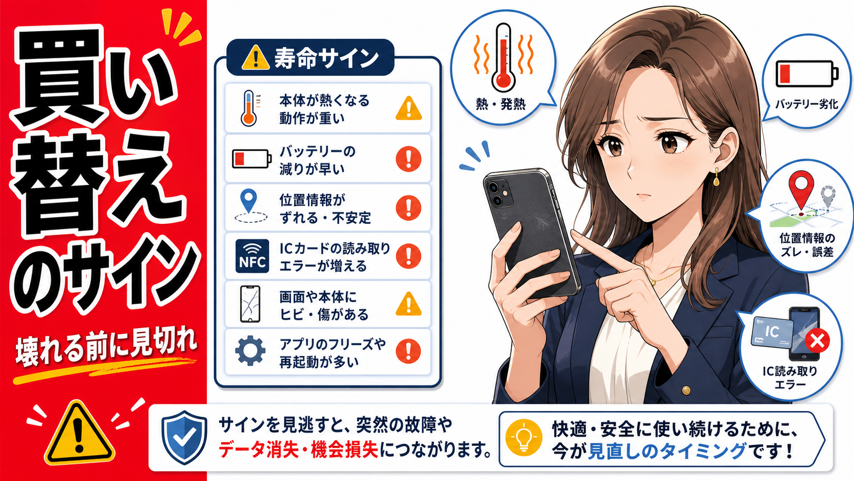 副業用スマホの買い替え時を判断するために、バッテリー劣化や発熱、GPSズレなどの寿命サインを表現したポップアニメ風サムネイル