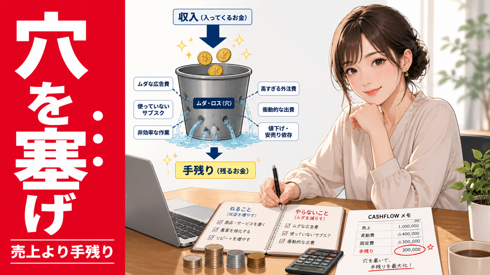 売上があってもお金が残らない状態を、バケツの穴の比喩で整理しながら考える女性を描いたサムネイル