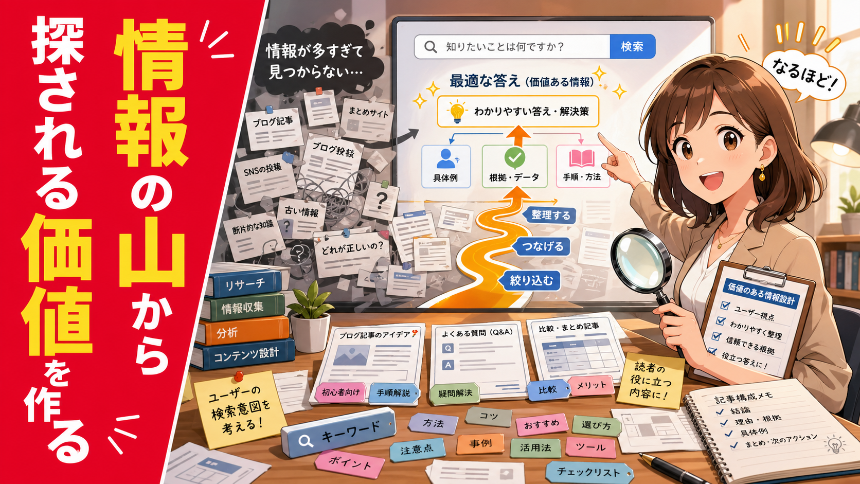 情報の山から必要な答えを整理し、探される価値へ変える商売の作り方を表現したポップアニメ調サムネイル