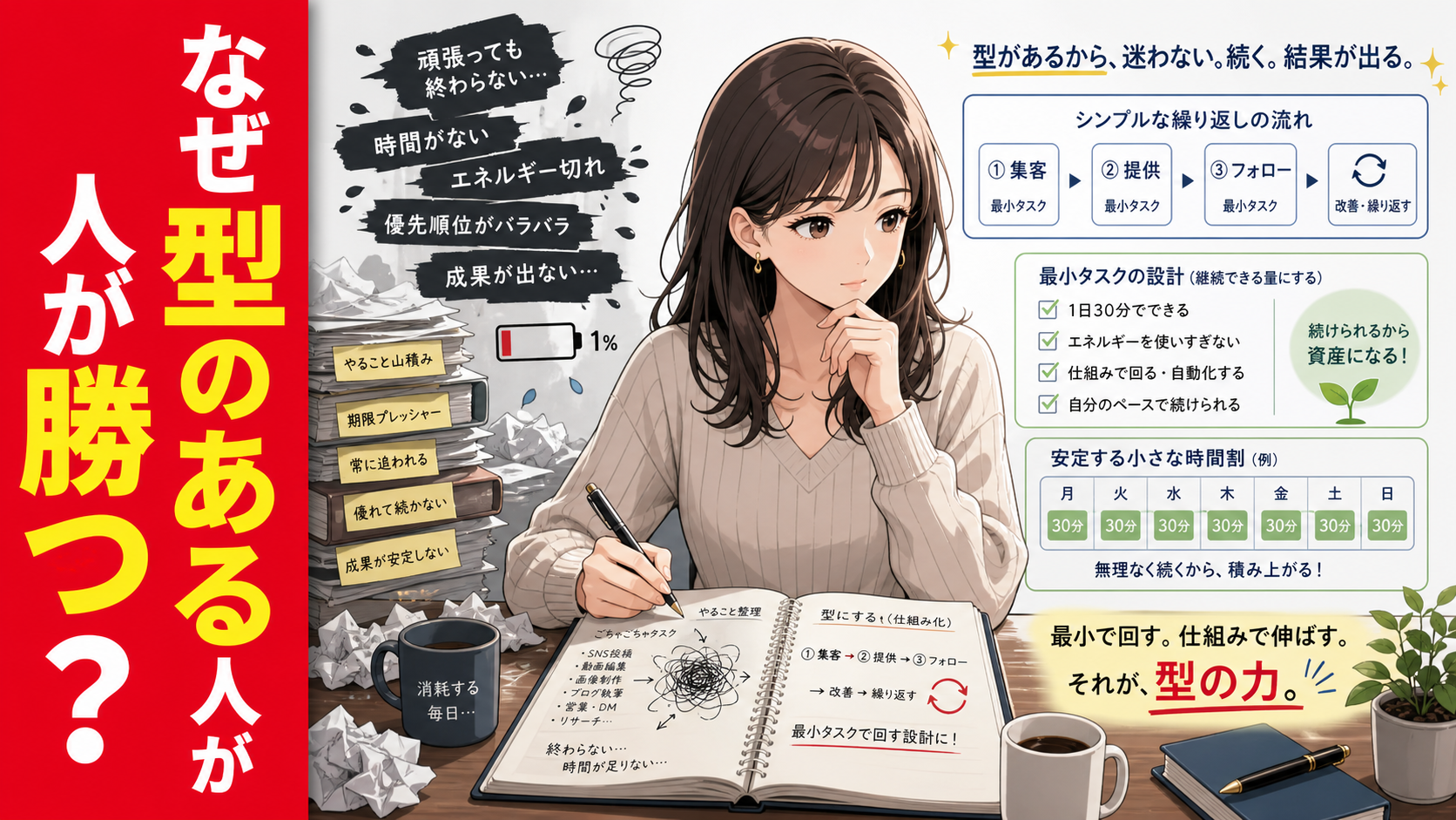副業を気合いで回すのではなく、自分に合った続けられる型をノートに整理している女性を描いたポップアニメ風サムネイル