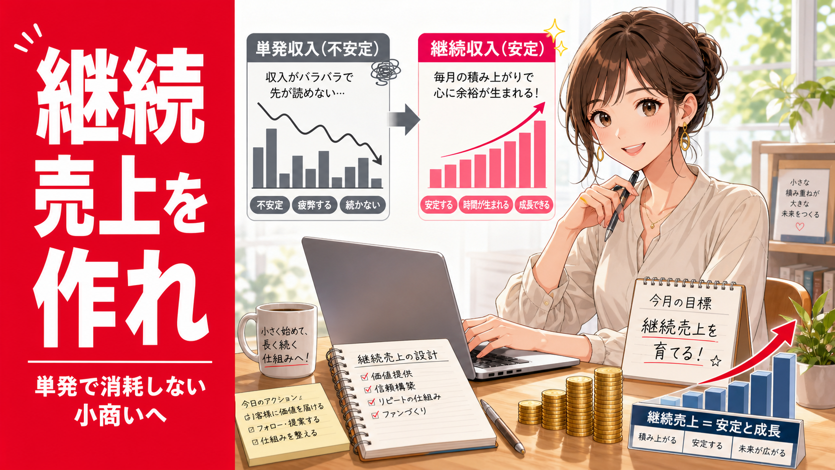 ノートPCと売上メモを前に、単発売上と継続売上の違いを考える女性を描いた副業研究所の記事サムネイル