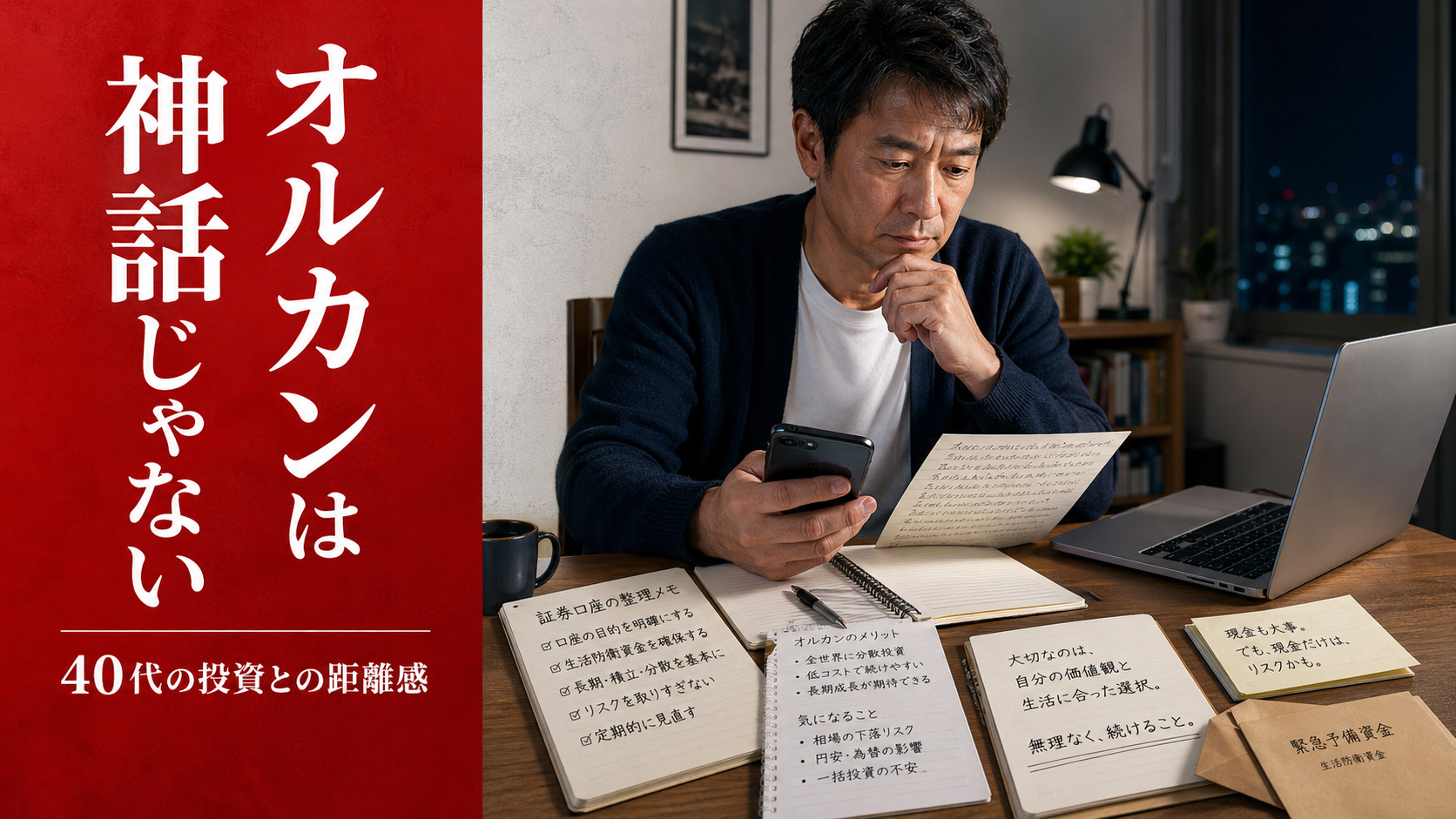 スマホとメモを見ながら、オルカンへの積立をどう考えるか悩む40代男性のイメージ
