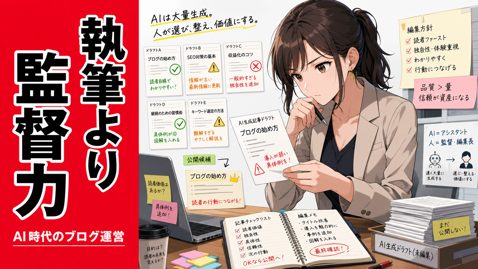 AIが大量生成した記事案を前に、日本人女性が内容を見比べながら監督・編集しているイメージ
