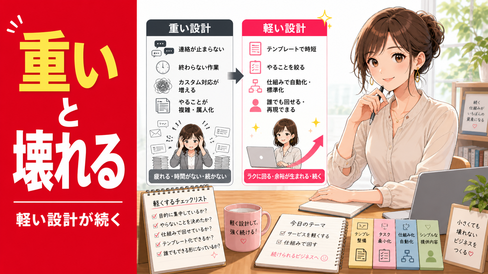 重いサービス設計と軽いサービス設計の違いを比較しながら、机で仕事する女性を描いたサムネイル