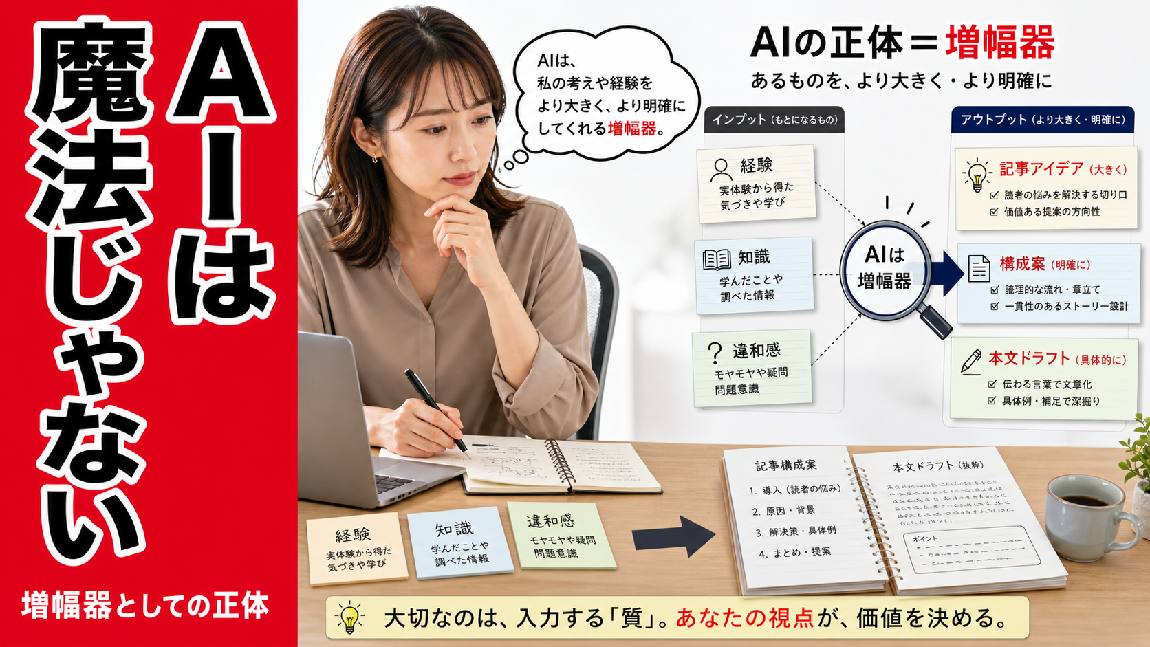AIを魔法ではなく増幅器として捉え、自分の経験・知識・違和感が記事アイデアや構成案へ広がっていく流れを考えている日本人女性のイメージ