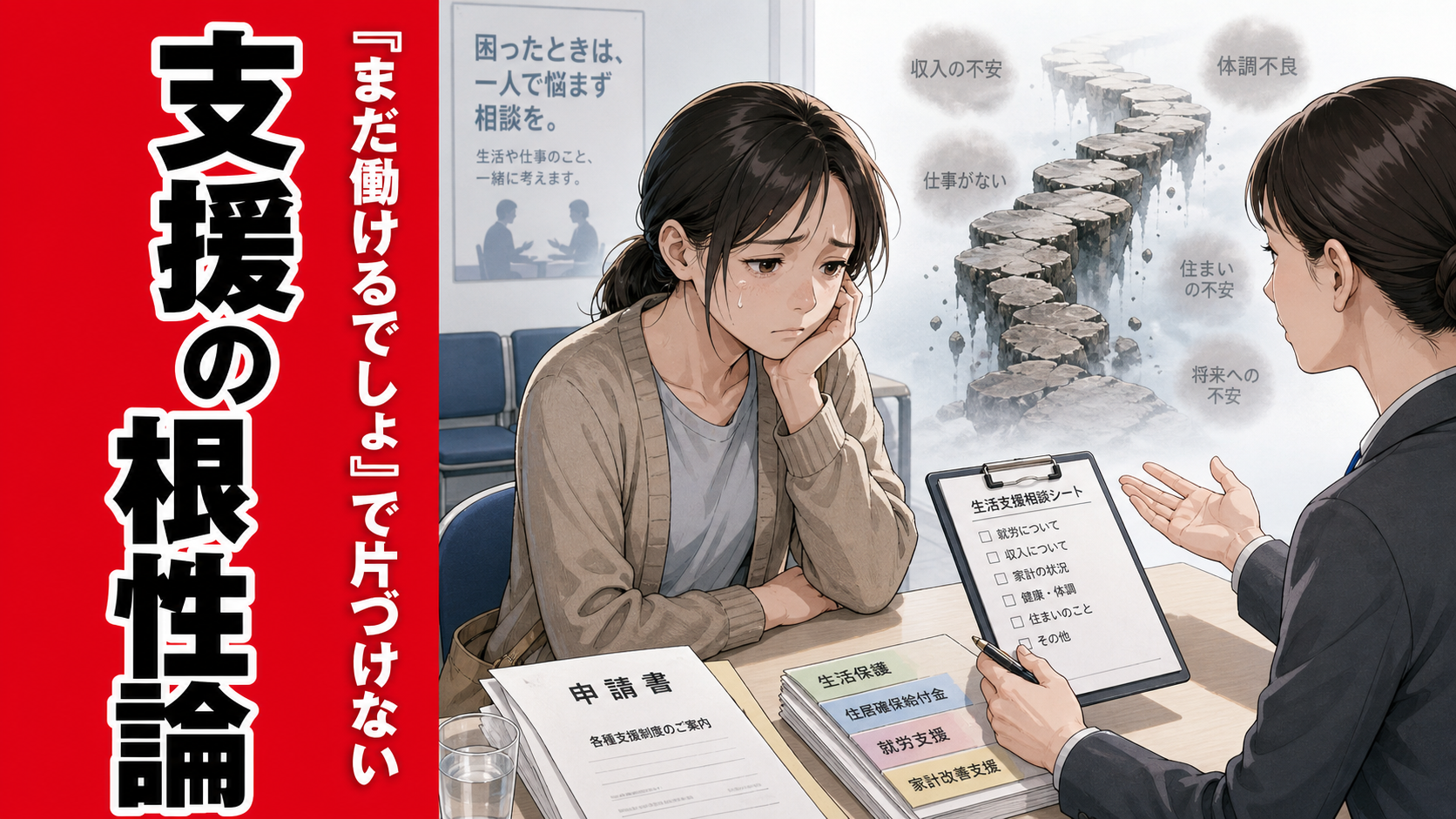 『支援の根性論』『まだ働けるでしょで片づけない』という大きな文字と、福祉相談の窓口で不安そうな表情を浮かべる女性、相談員、ひび割れた足場のイメージを描いた、支援現場の圧力と生活不安を表現するポップアニメ風サムネイル