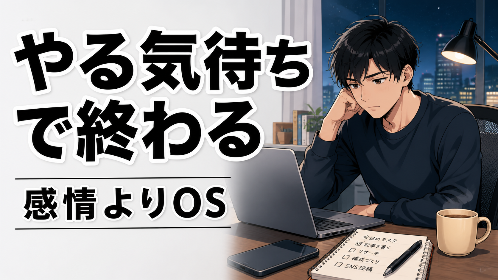 副業を続けるには感情より仕組みが重要だと伝える、夜の机で作業する男性のサムネイル