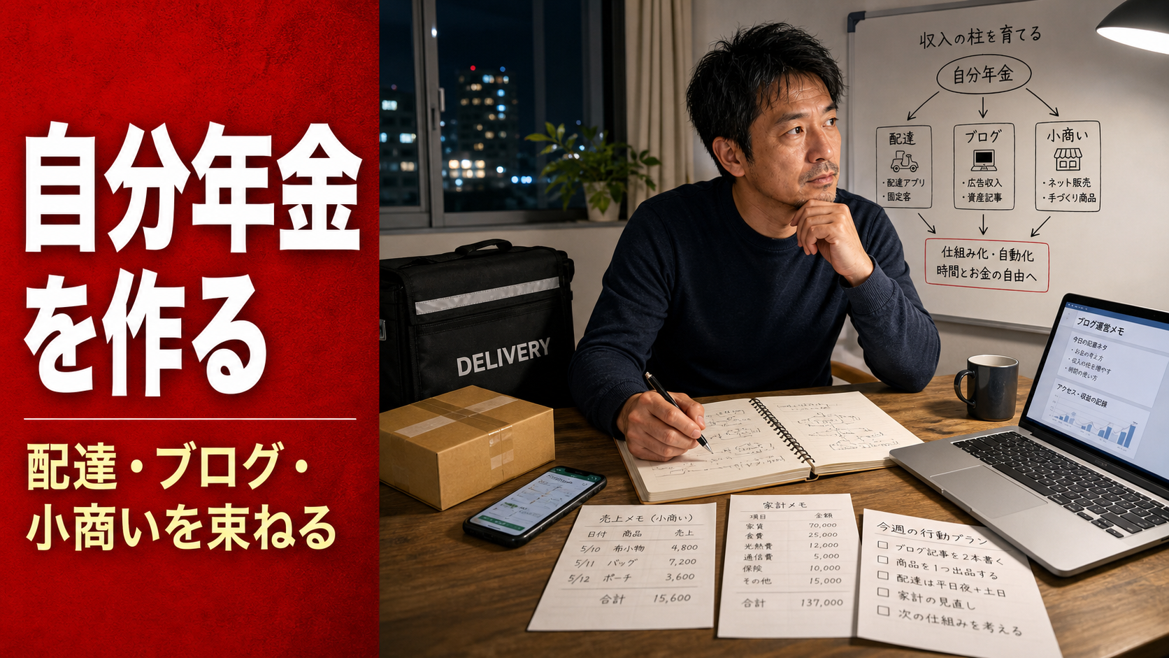 配達やブログ、小商いをどうつなげて月の現金流を作るか考える40代男性のイメージ