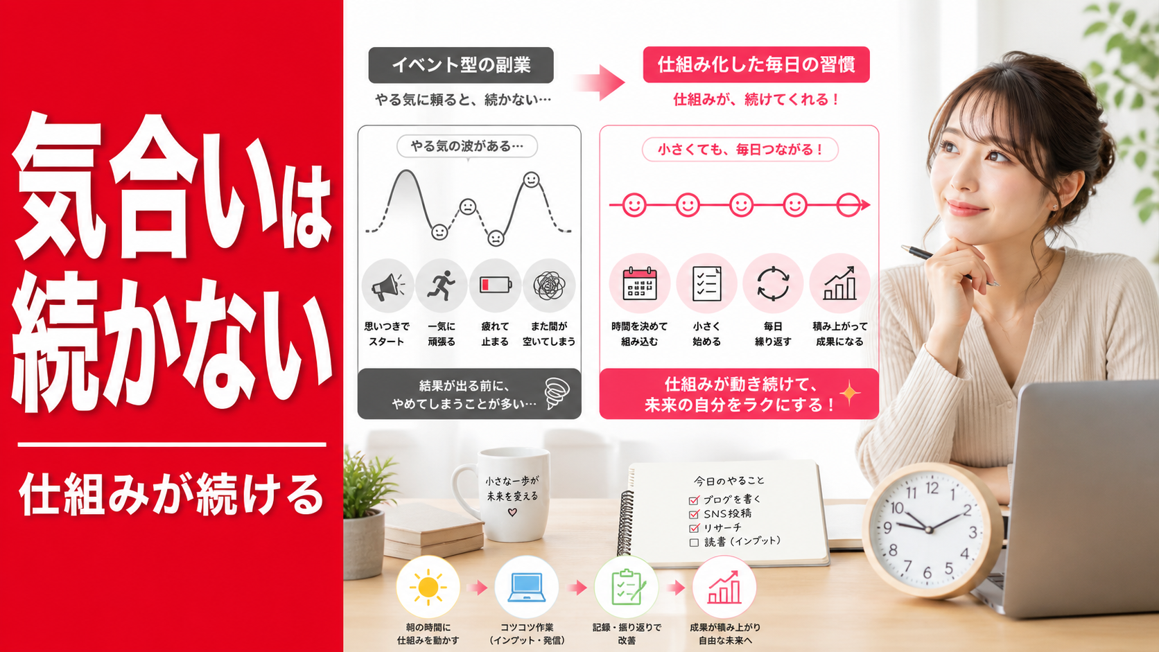 副業の習慣化を、気合い頼みのやり方と仕組み化されたやり方で比較しながら考える女性を描いたサムネイル