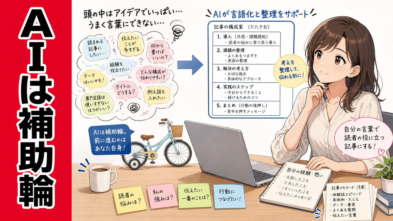 頭の中のアイデアを言葉にできずにいる状態から、AIの補助で記事構成を整理し、自分の言葉で読者に伝わる形へ整えていく日本人女性のイメージ
