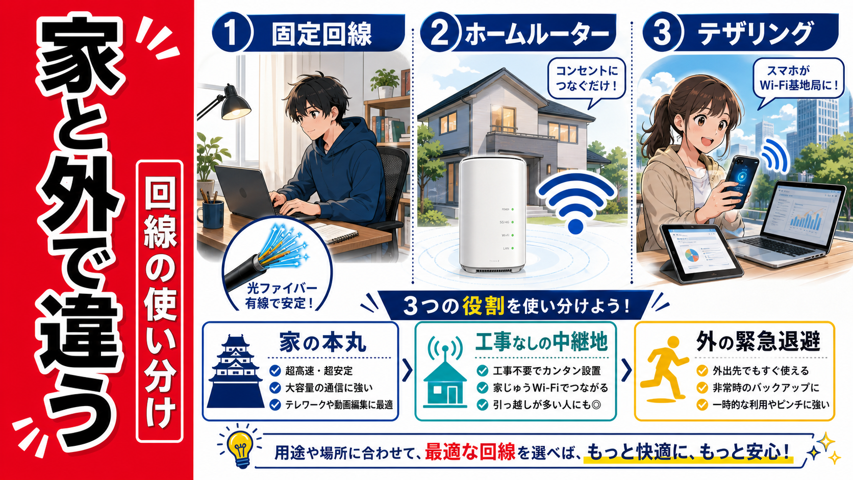固定回線、ホームルーター、テザリングの役割の違いを、家と外の働き方に合わせて比較したポップアニメ風サムネイル