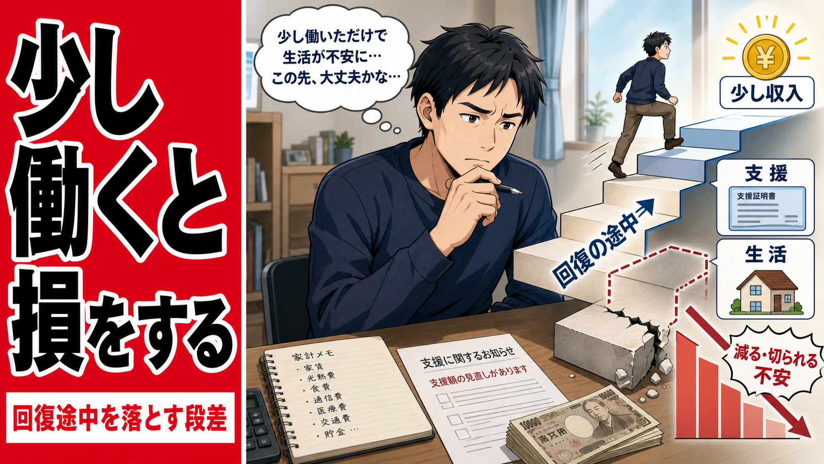 『少し働くと損をする』『回復途中を落とす段差』という大きな文字と、家計メモや支援見直しの書類を前に不安そうに考える男性、少し収入を得ても支援や生活の足場が不安定になる階段構図を描いた、生活再建途中の不安を表現するポップアニメ風サムネイル