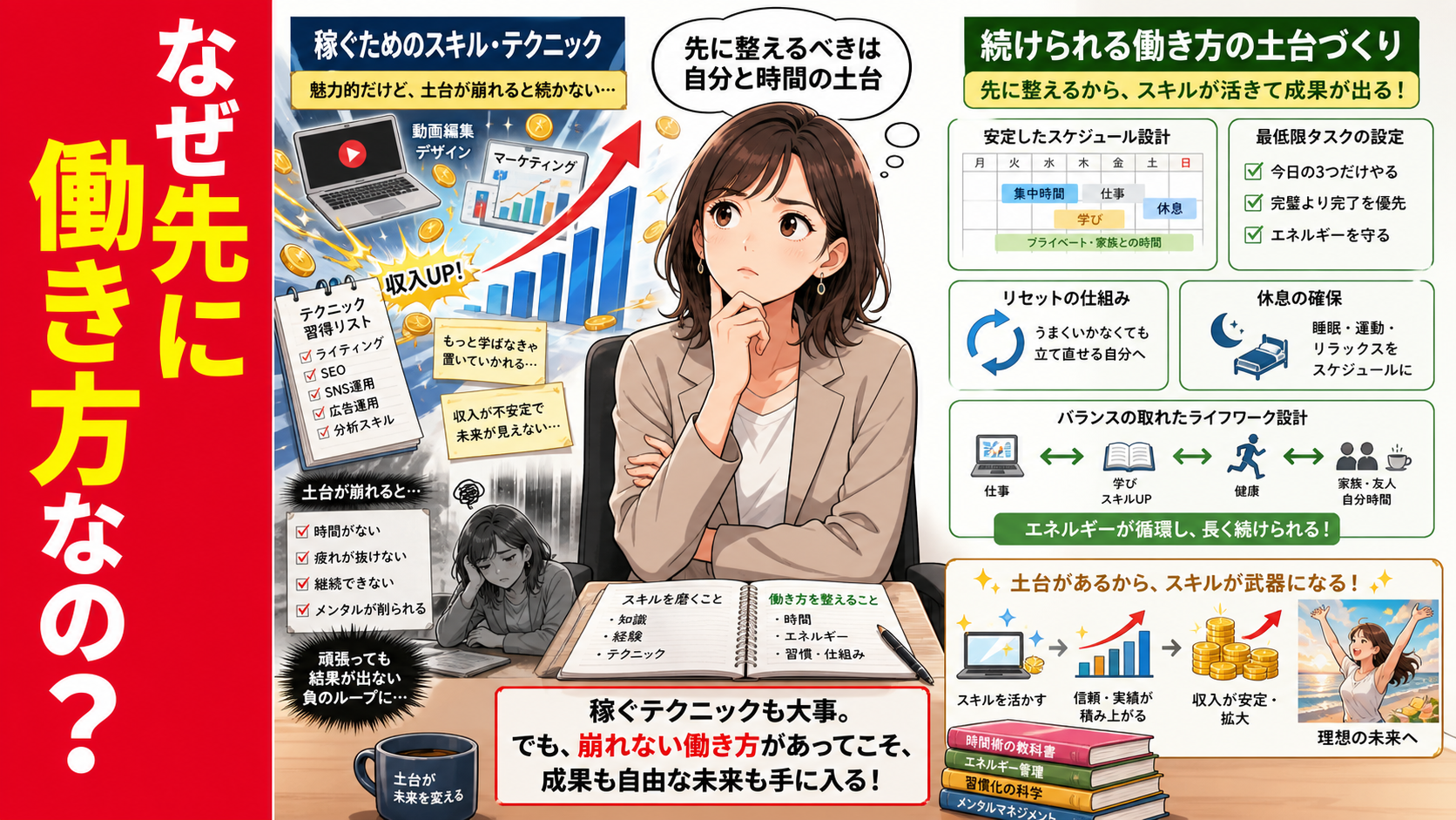 副業のノウハウ本やノートを前にしながら、稼ぐ技術より先に壊れない働き方を考えている女性を描いたポップアニメ風サムネイル