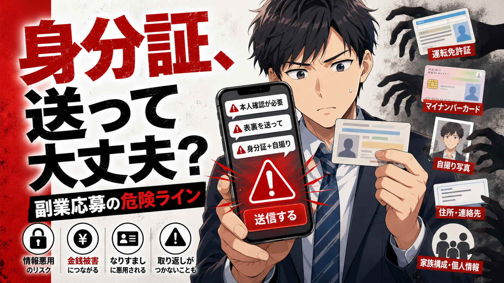 副業応募で身分証写真や自撮り画像の送信を求められ、送る直前で立ち止まる人物を通じて個人情報悪用のリスクを表したアイキャッチ画像